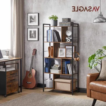 Biblioteca cu 5 rafturi, Vasagle, Industrial Living, 74x30x150 cm. PAL/otel, maro imagine