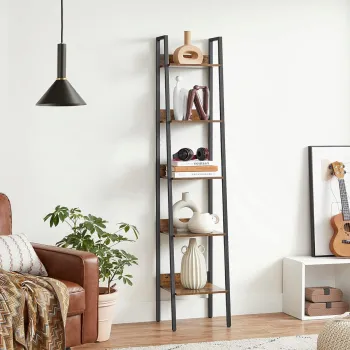 Biblioteca cu 5 rafturi Vasagle Ladder, 33.8x30x170 cm, PAL/otel, maro/rustic imagine