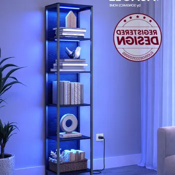 Biblioteca cu 6 niveluri si iluminare LED, Vasagle, 40x30.3x178 cm, PAL/otel, negru abanos imagine