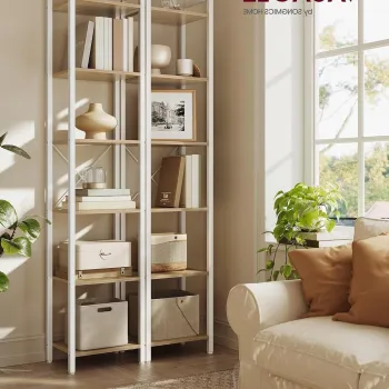 Biblioteca cu 6 niveluri, Vasagle, 39.6x30x187 cm, PAL/otel, bej/alb imagine