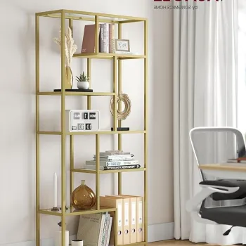 Biblioteca cu 6 niveluri, Vasagle, 80x30x180 cm, sticla/otel, auriu imagine