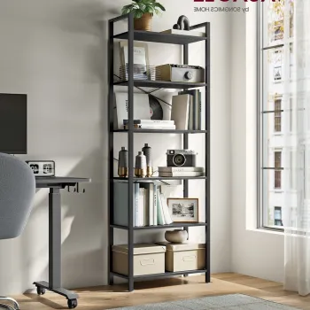 Biblioteca cu 6 rafturi Industrial, Vasagle, 66x30x186 cm, max 50 kg. PAL/otel, negru abanos imagine