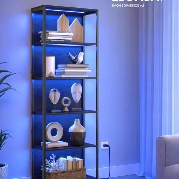 Biblioteca cu 6 rafturi, Vasagle, iluminare LED reglabila, 60x30.3x178.6 cm, otel/placaj, negru ebony imagine