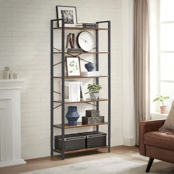 Biblioteca cu 6 rafturi Vasagle Ladder, 80x30x186 cm, PAL/otel, maro imagine