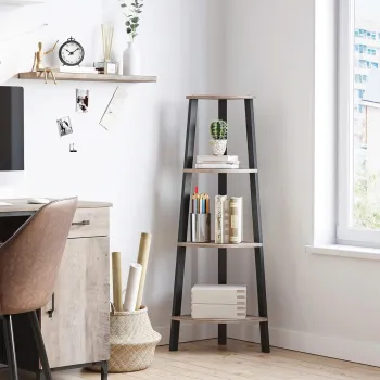 Biblioteca de colt Vasagle Ladder, 34x34x124.5 cm, PAL/otel, maro imagine