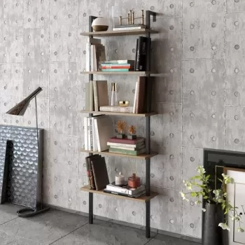 Biblioteca, Hadley, Piante 541HDL1310, 60 x 174 x 22 cm, pal melaminat, nuc/negru imagine