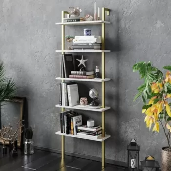 Biblioteca, Hadley, Piante 541HDL1311, 60 x 174 x 22 cm, pal melaminat, alb/auriu imagine