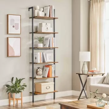 Biblioteca / raft tip scara Vasagle, 60 x 30 x 204.8 cm, cu fixare pe perete, PAL/otel, maro rustic imagine