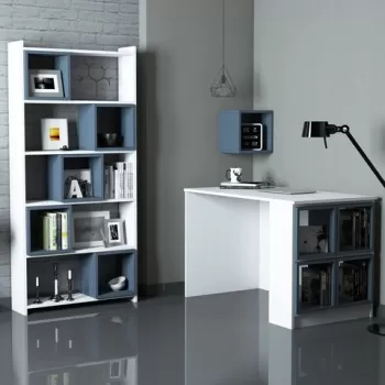 Birou cu biblioteca si raft, Hommy Craft, Box, pal melaminat, alb/albastru imagine