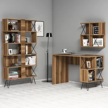 Birou cu biblioteca si raft, Hommy Craft, Extra 2, pal melaminat, nuc/negru imagine