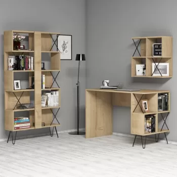 Birou cu biblioteca si raft, Hommy Craft, Extra 2, pal melaminat, stejar/negru imagine