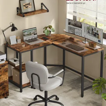 Birou de colt L-Shaped, Vasagle, design reversibil, 130x120x74.7 cm, PAL/otel, maro rustic imagine