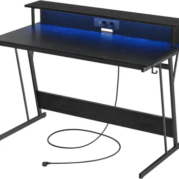 Birou de gaming pentru 2 monitoare, cu priza, USB si LED-uri, Vasagle, 120x60x91 cm, max 100 kg, maro imagine