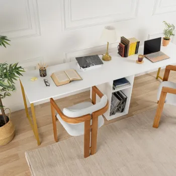 Birou, Hanah Home, Twin Study Desk, 240x74x60 cm, PAL, Alb/Auriu imagine