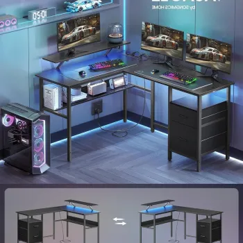 Birou in forma de L / birou de colt, Vasagle, Gaming Desk, cu suport monitor, sertare, priza incorporata si porturi USB, 120x150x89 cm, PAL/otel, negru imagine