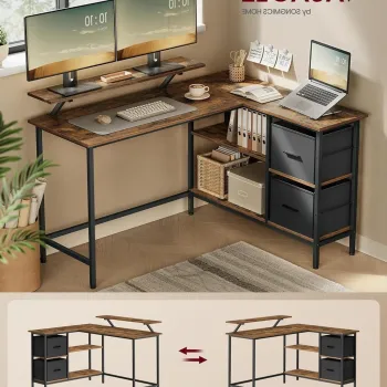 Birou in forma de L / birou de colt, Vasagle, Gaming Desk, reversibil, cu suport monitor, rafturi, cosuri, 105x135x89.5 cm, PAL/otel, maro rustic imagine