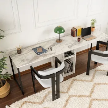 Birou, Nordure, Twin Study Desk, 240x74x60 cm, Frezie / Marmura / Negru imagine