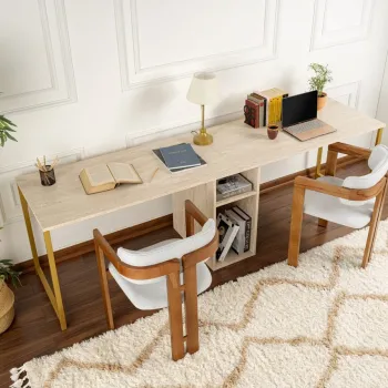 Birou, Nordure, Twin Study Desk, 240x74x60 cm, Travertin / Auriu imagine