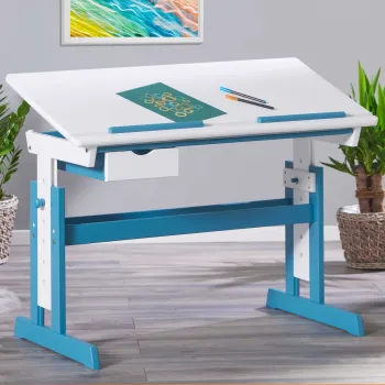 Birou pentru copii Pijii, Inter Link, 109x55x63-96 cm, lemn, alb/albastru imagine