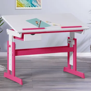 Birou pentru copii Pijii, Inter Link, 109x55x63-96 cm, lemn, alb/roz imagine