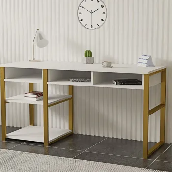 Birou, Puqa Design, Emro, 150x75.8x58.4 cm, PAL, Alb/Auriu imagine