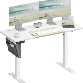 Birou reglabil pe inaltime, Songmics, 140x60x72-120 cm, PAL/otel, alb/bej imagine