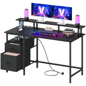 Birou Vasagle, cu priza si 2 porturi USB, sertare din material textil, 140x60x90 cm, negru imagine