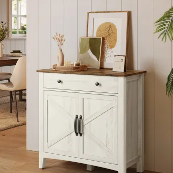 Bufet cu 2 usi si 1 sertar, Vasagle, 80x40x80 cm, MDF/PAL, alb rustic/maro imagine