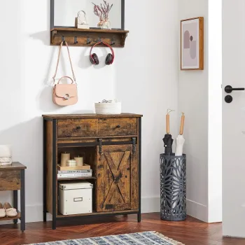 Bufet cu usa glisanta Vasagle, 70x30x80 cm, PAL/otel, maro rustic imagine