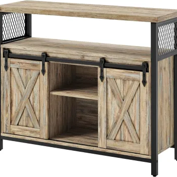 Bufet cu usi glisante, Vasagle, 100x33x80 cm, PAL/otel, maro turcoaz imagine