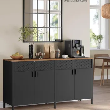 Bufet metalic depozitare 4 usi, Vasagle, rafturi reglabile, 141x40x76 cm, otel, maro rustic/negru imagine