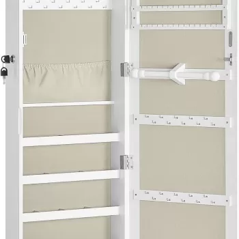 Cabinet pentru bijuterii cu LED-uri, oglinda si fixare usa/perete Vasagle, 36.7 x 10 x 120 cm, MDF/catifea/sticla, alb imagine