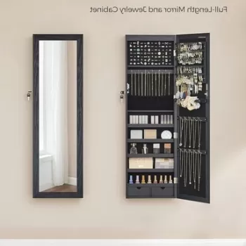 Cabinet pentru bijuterii cu oglinda si fixare usa/perete Vasagle, 36.7 x 10 x 120 cm, PAL, negru imagine