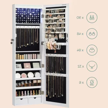 Cabinet pentru bijuterii cu oglinda si fixare usa/perete Vasagle, 37 x 10 x 120 cm, MDF/catifea, alb imagine