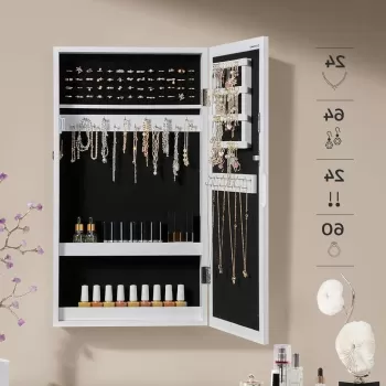 Cabinet pentru bijuterii cu oglinda si fixare usa/perete Vasagle, 37 x 10 x 67 cm, MDF/catifea, alb imagine