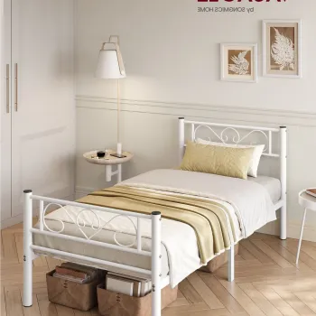 Cadru de pat Single, Vasagle, 90x190 cm, otel, alb imagine