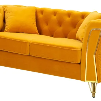 Canapea 2 locuri cu perne Emy, Mauro Ferretti, 162x83x76 cm, eucalipt/pin/catifea, galben mustar/auriu imagine