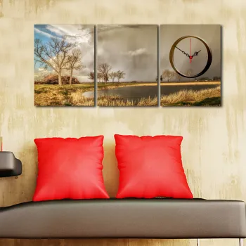 Ceas de perete decorativ din panza (3 bucati), 3P3040CS-76, 28 x 38 cm, 3 piese, Multicolor imagine