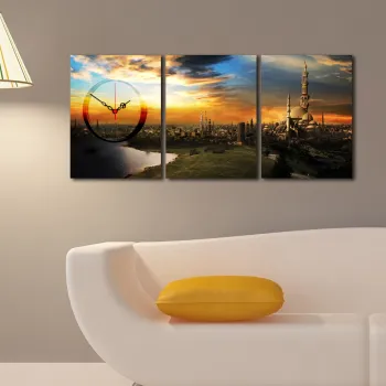 Ceas de perete decorativ din panza (3 bucati), 3P3040CS-82, 28 x 38 cm, 3 piese, Multicolor imagine