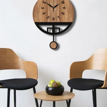 Ceas de perete decorativ, Vlnt108Mo, Diametru: 39 cm, Nuc / Negru imagine