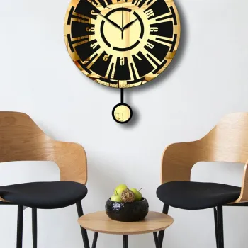 Ceas de perete decorativ, Vlnt114Al, Diametru: 39 cm, Aur/Negru imagine