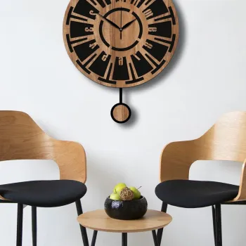Ceas de perete decorativ, Vlnt114Mo, MDF, Diametru: 39 cm, Nuc / Negru imagine