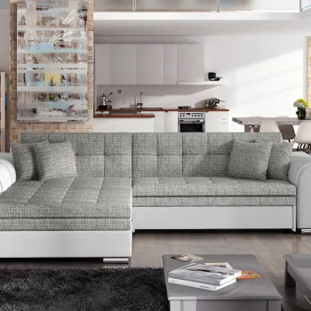 Coltar extensibil dreapta 4 locuri, ELTAP, Sorento, 296x194x78 cm, lemn/poliester, gri/alb imagine