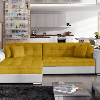 Coltar extensibil dreapta 4 locuri, ELTAP, Sorento, 296x194x78 cm, lemn/poliester, mustar/alb imagine