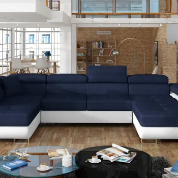 Coltar extensibil dreapta 6 locuri ELTAP, Rod-41, Rodrigo, 345x202x90 cm, lemn/poliester, albastru inchis/alb imagine