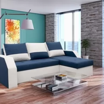 Coltar extensibil Madrid, 226x145x79 cm, 2 lazi depozitare, Reversibil, Alb/Albastru petrol imagine