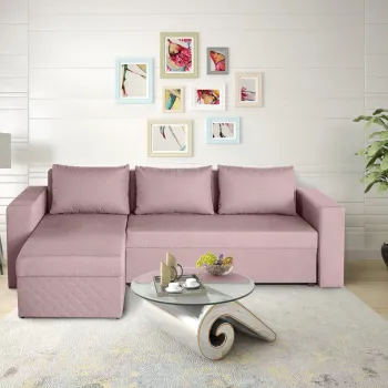 Coltar extensibil reversibil Napoli Roz, cu lada de depozitare, 247x148x78 cm imagine