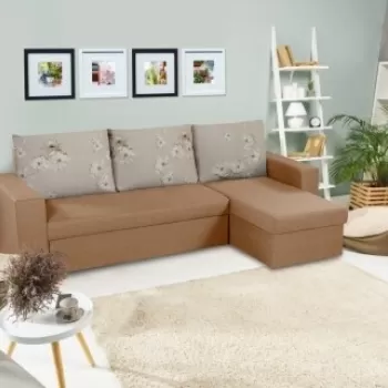 Coltar extensibil reversibil Oslo Cappuccino Daisies Flower cu lada de depozitare, 247x148x78 cm imagine