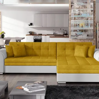 Coltar extensibil stanga 4 locuri, ELTAP, Sorento, 296x194x78 cm, lemn/poliester, mustar/alb imagine