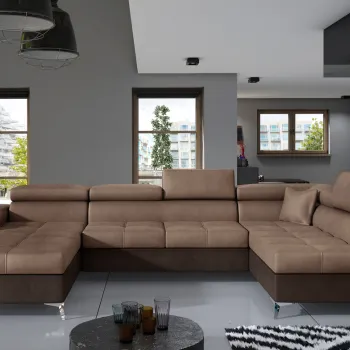 Coltar extensibil stanga 5 locuri ELTAP, Edr-06, Eduardo, 337x205x88 cm, lemn/poliester, maro deschis/maro inchis imagine